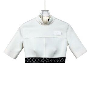 H12492 Louis Vuitton white label hem logo monogram high collar short sleeve T-sh